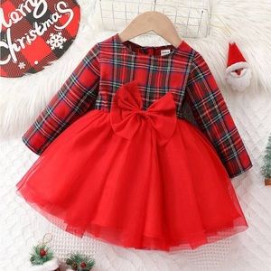 Baby Girl Tartan Print Bow Front Mesh Hem Dress for Christmas